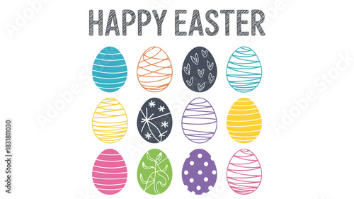 A charming 3x4 grid of colorful eggs displayed on a rustic chalkboard background perfect for easter or spring themes