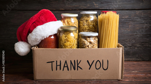 Holiday food drive box filled with pasta, sauce, and beans, topped with a festive Santa hat, conveying gratitude and community spirit.