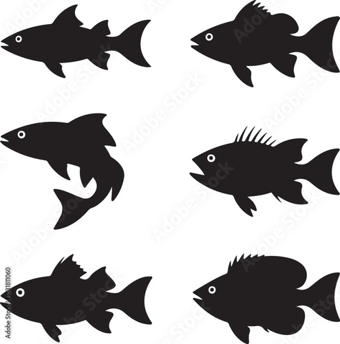 Black and white illustration showing different types of fish icons