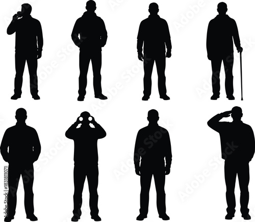 Multiple male silhouette figures standing in various poses with gestures, casual stances, walking cane and binoculars, isolated vector illustration