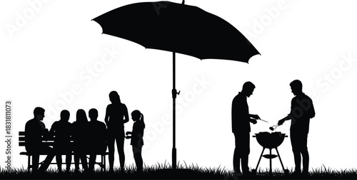 Family outdoor barbecue picnic silhouette with people grilling, sitting together under umbrella enjoying summer gathering, social leisure activity on grass