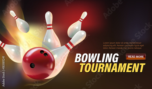 Modern conceptual website design for a bowling tournament with a bowling ball hitting flying pins, a headline and Learn More call to action. Vibrant, dynamic and perfect for sports websites.