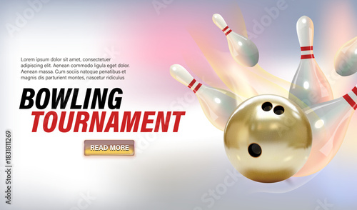 Modern conceptual website design for a bowling tournament with a bowling ball hitting flying pins, a headline and Learn More call to action. Vibrant, dynamic and perfect for sports websites.