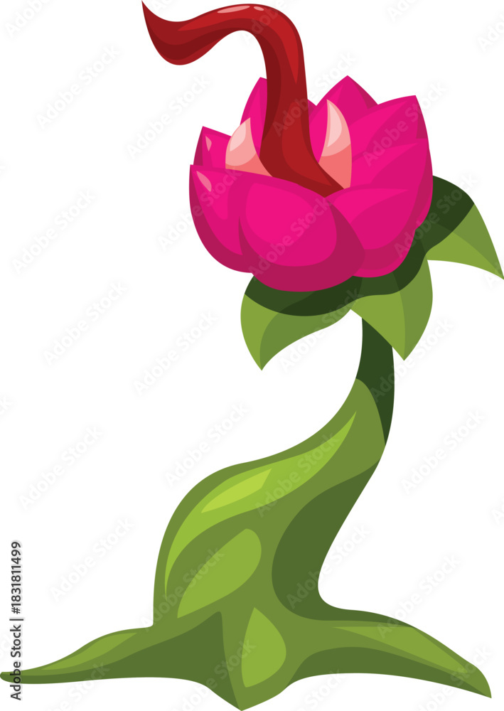 Naklejka premium Cartoon pink fantasy flower growing with red pistil and green stem, isolated on white background