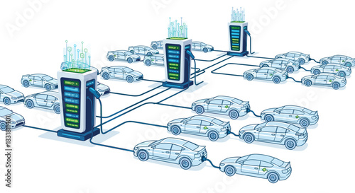 Electric Cars Charging Station Network Grid System, Generative AI.