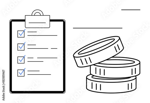 Clipboard with a checklist next to stacked coins, symbolizing budgeting, financial planning, cost management, business evaluation, financial goals, prioritization, strategic organization. Simple flat