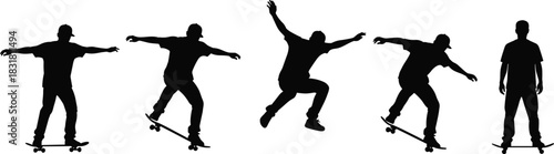 Silhouette sequence of skateboarder performing tricks, balancing movements, dynamic action poses and standing positions on skateboard, isolated vector illustration