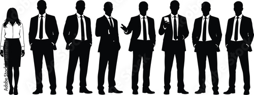 Silhouettes of business professionals standing in different poses, male and female corporate figures in formal attire, teamwork, leadership, communication concept illustration