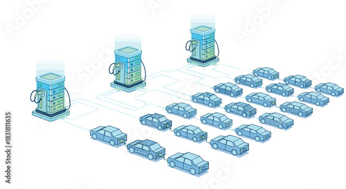 Electric Cars Charging Station With Multiple Vehicles Lined Up, Generative AI.