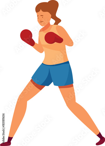 Young woman boxer wearing boxing gloves is exercising and punching, training for competition