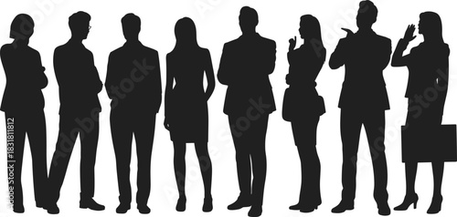 Silhouettes of diverse business people standing in various professional poses, isolated on white background for corporate design, branding, presentations and creative projects