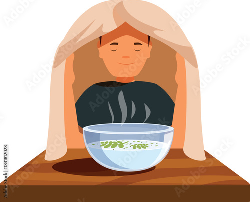 Man is using steam inhalation with herbs for cold and flu treatment at home