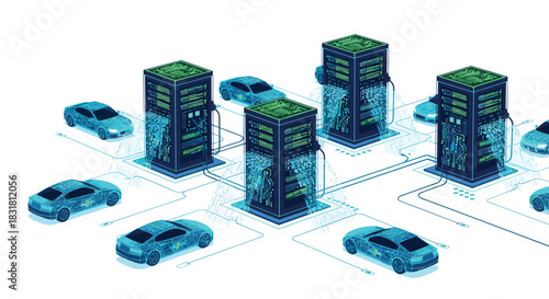 Electric Cars Connected to Data Centers for Smart Transportation Systems, Generative AI.