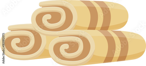 Three rolled pancakes are stacked, creating a visually appealing presentation