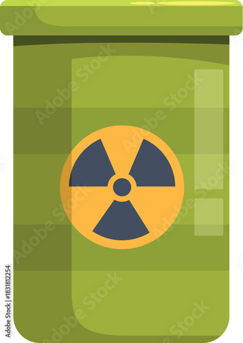 Green radioactive waste container displaying prominent hazard symbol, indicating dangerous and toxic contents requiring careful handling and disposal
