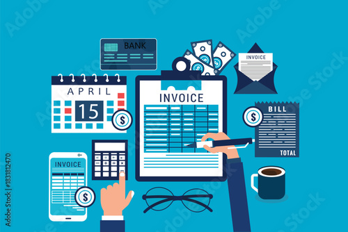 Online payment service. Invoice form on the clipboard screen Man hands paperwork concept
