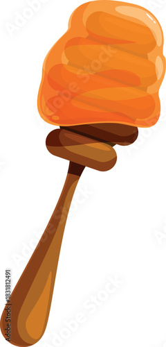 Honey dripping from wooden dipper, isolated on white background, in cartoon style