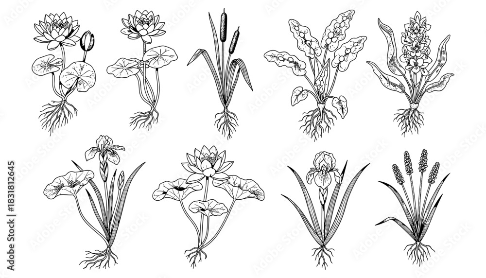 Fototapeta premium Detailed botanical line art collection of aquatic plants with roots