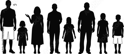 Silhouettes of family members standing in height comparison lineup, showing adults and children together for measurement, growth, education and demographic illustration