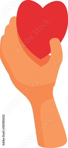 Hand is holding a red heart, representing love, care, donation, and sharing