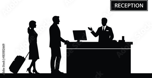 Silhouettes of hotel guests checking in at reception desk with luggage while receptionist assists them in professional hospitality service environment
