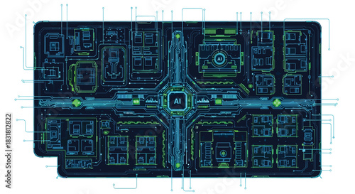 Futuristic AI network interface with glowing data streams and nodes, Generative AI.