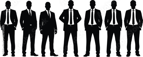 Silhouettes of multiple businessmen standing in formal suits representing leadership, teamwork, corporate professionalism, business concept, office workforce and group management illustration