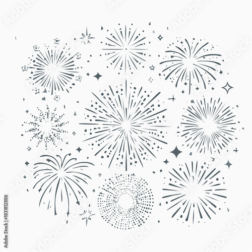 Collection of Hand-Drawn Fireworks Display - Vector Illustration for Celebrations, Festivals, and New Year
