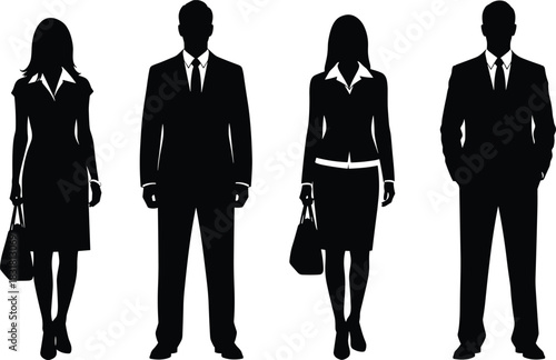 Silhouettes of professional business men and women standing in formal office attire, corporate team illustration representing leadership, career, professionalism, workplace concept