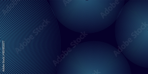 Blue abstract background with glowing circles. Swirl circular lines pattern. Geometric spiral. Twirl element. Modern graphic design. Futuristic technology concept.