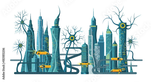 Futuristic Cityscape with Organic Architecture and Flying Cars, Generative AI.