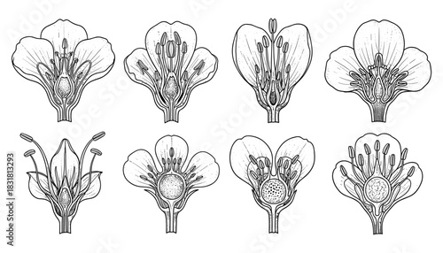 Botanical line art of various flower stamens and pistils in detailed black and white