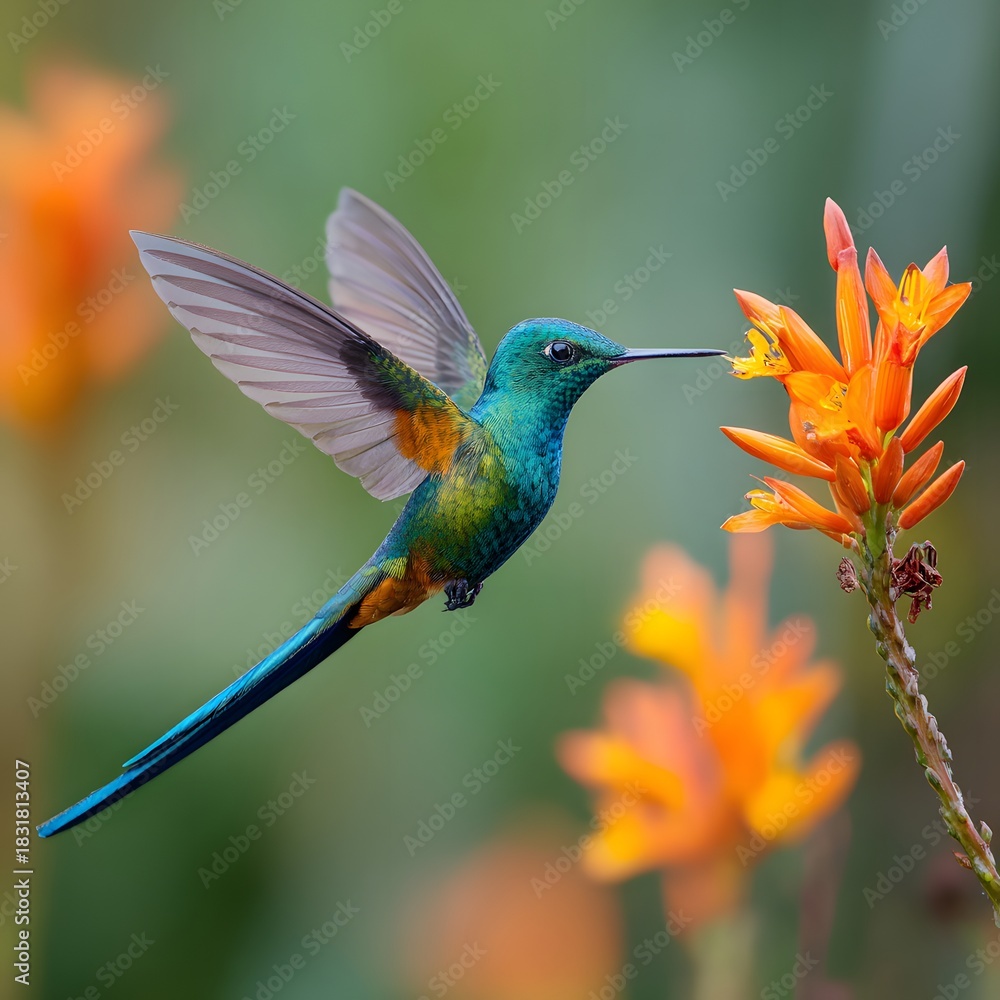 Fototapeta premium Blue Hummingbird Feeding on Orange Tropical Flower with Wings Extended in Flight