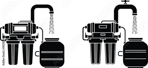 Black and white illustration depicting two water filter systems with jars