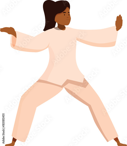 Young black woman practicing tai chi chuan, wearing a light colored uniform