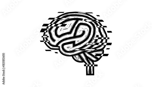 Digital glitch brain with distorted effect