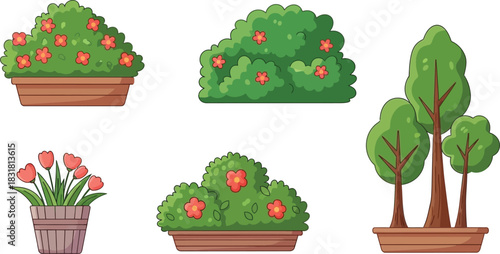 colorful potted plants and trees illustration a vibrant garden scene