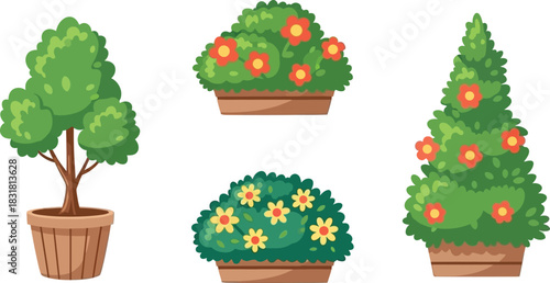 Cartoon illustration of potted trees and bushes with red and yellow flowers