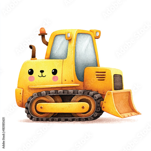 Cute Yellow Bulldozer Watercolor Illustration for Kids