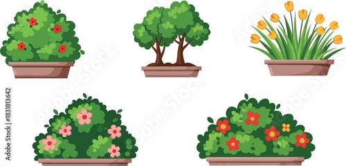 Several potted plants including tulips shrubs and flowering bushes are displayed