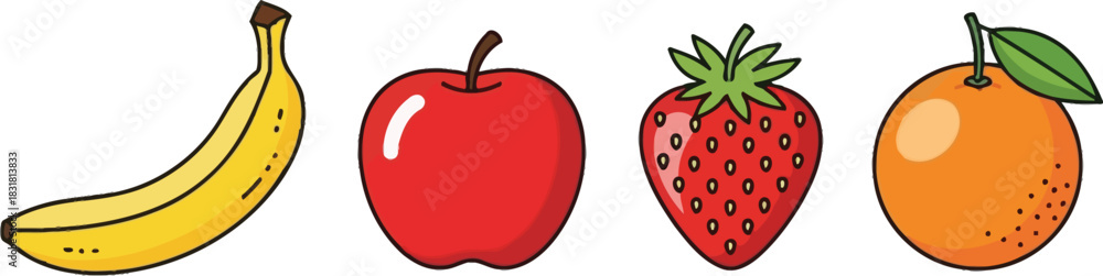 Obraz premium Colorful cartoon illustration of a banana apple strawberry and orange fruit