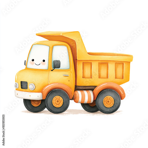 Cute Yellow Dump Truck Cartoon Illustration