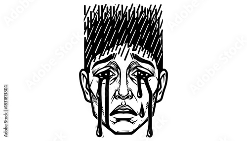 Emotional expression in black and white line art with tears