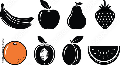 A collection of various fruits illustrated in a simple monochrome style