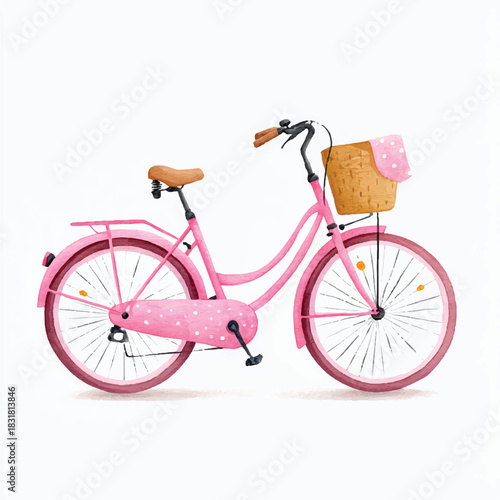 Pink Watercolor Bicycle with Basket Illustration