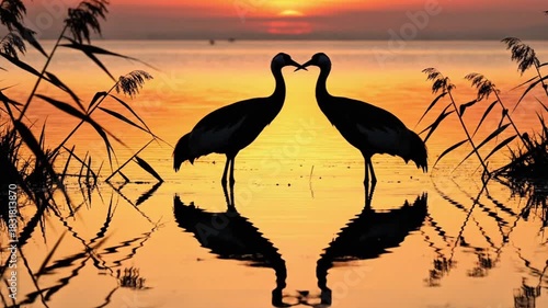 Silhouettes of two mating cranes forming a heart shape, reflected on calm water surface at sunset.