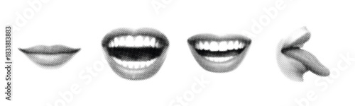 Halftone illustrations of mouth expressions and tongue on white background