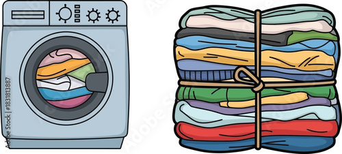 Cartoon illustration of a washing machine and a neatly folded stack of laundry