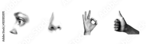 Monochrome halftone: ear, nose, ok gesture, thumbs up