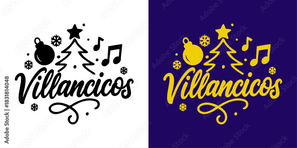 Obraz premium Logo de Navidad. Palabra manuscrita Villancicos con siluetas de notas musicales y símbolos de la Navidad para tarjetas y felicitaciones 